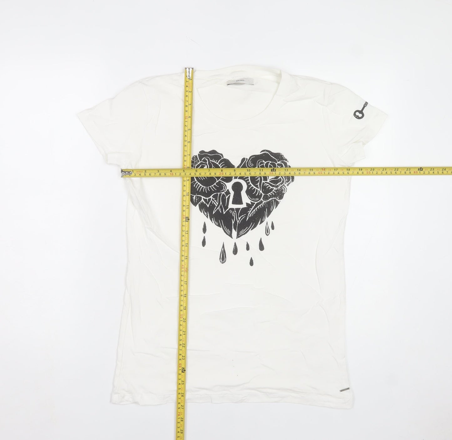Diesel Women's White XL Graphic Heart Lock Print Cotton T-Shirt