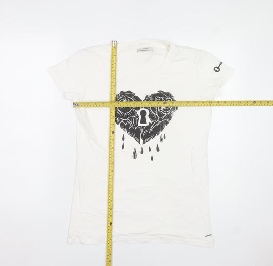 Diesel Women's White XL Graphic Heart Lock Print Cotton T-Shirt