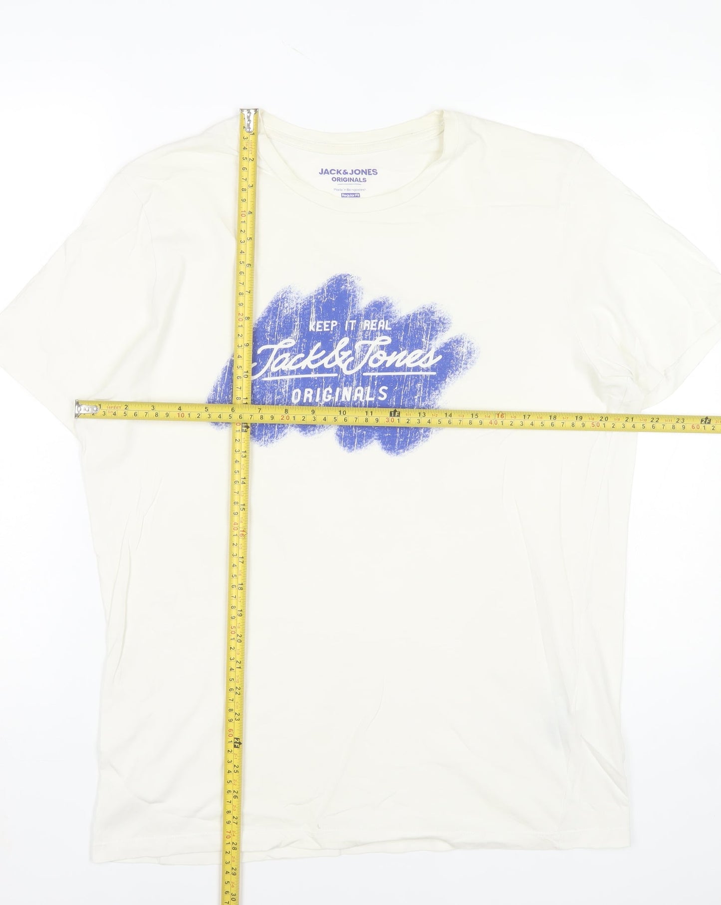 Jack & Jones Men's White Graphic Print T-Shirt Size L Regular Fit