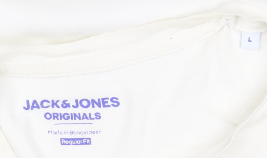Jack & Jones Men's White Graphic Print T-Shirt Size L Regular Fit