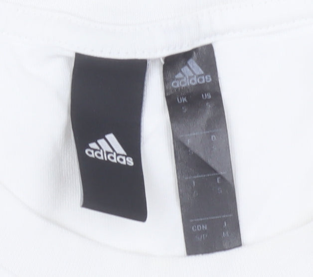 Brand and care label for Adidas Men's White Crew Neck Graphic Print T-Shirt, size S