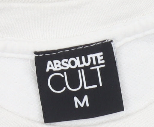 Brand and care label for Absolute Cult girls’ white wicked friends graphic pullover sweatshirt m