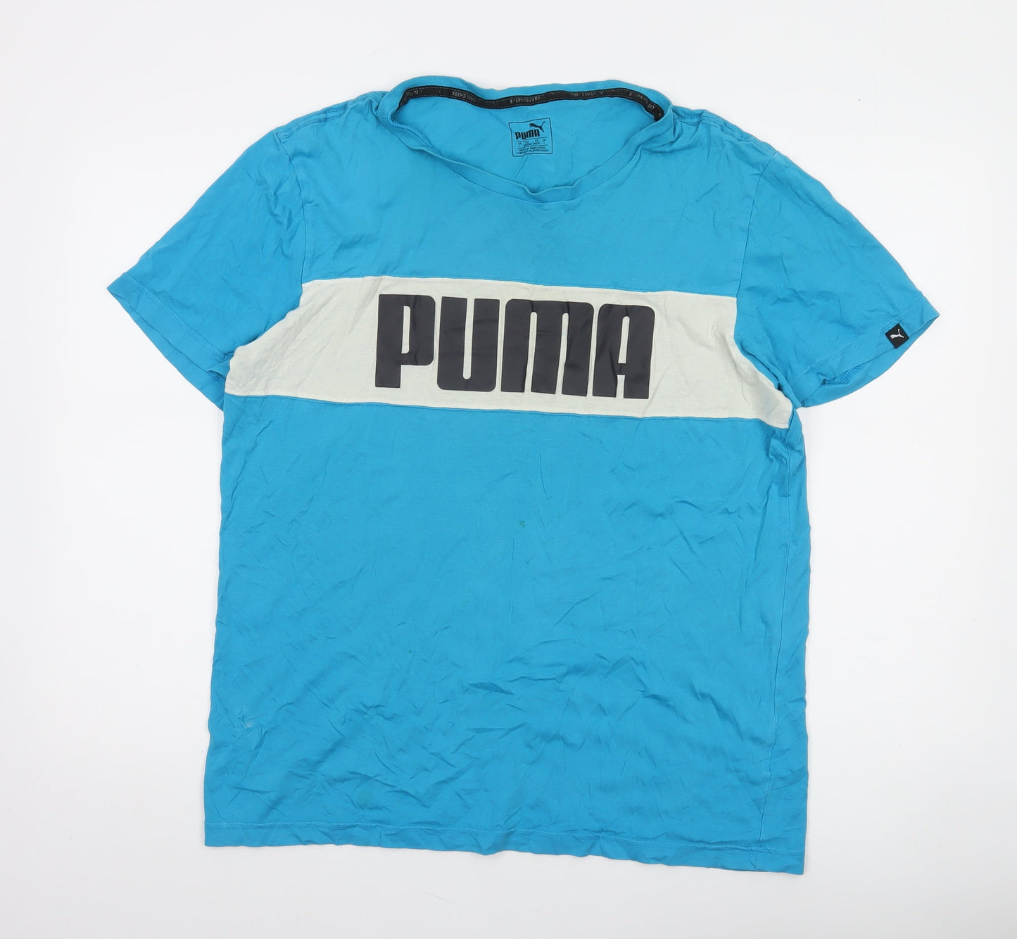 Puma Men's Blue Colourblock Logo Crew Neck Cotton T-Shirt Size L