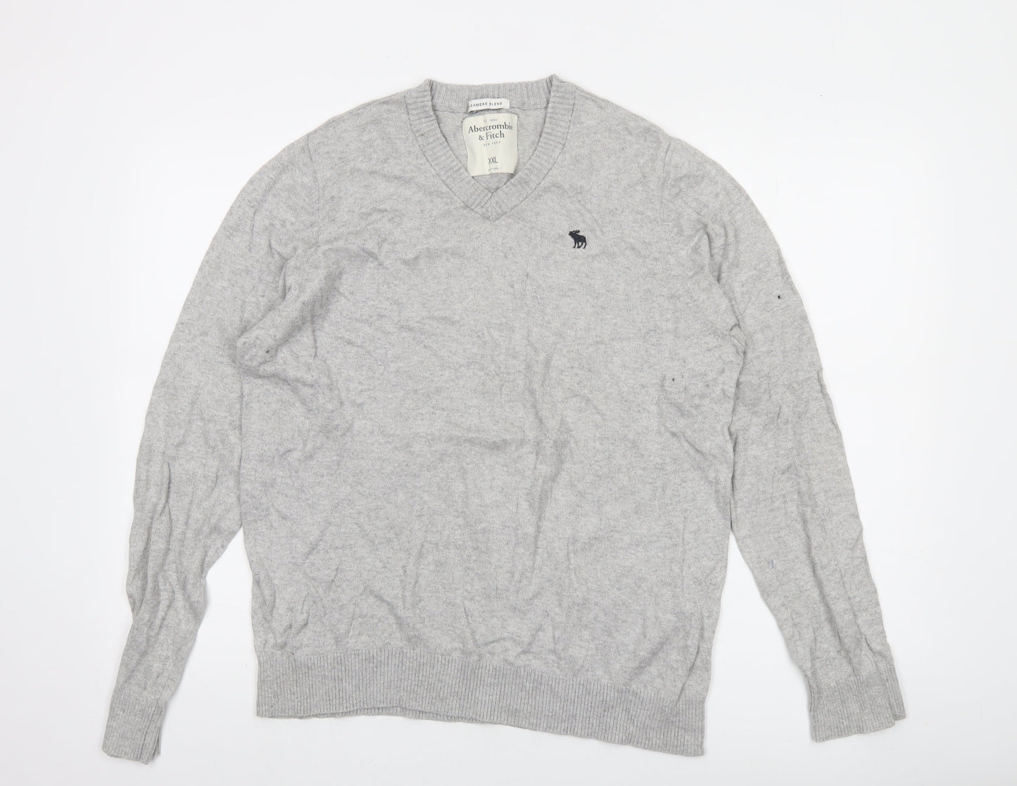 Abercrombie & Fitch Men's Grey 2XL Cashmere Blend V-Neck Jumper