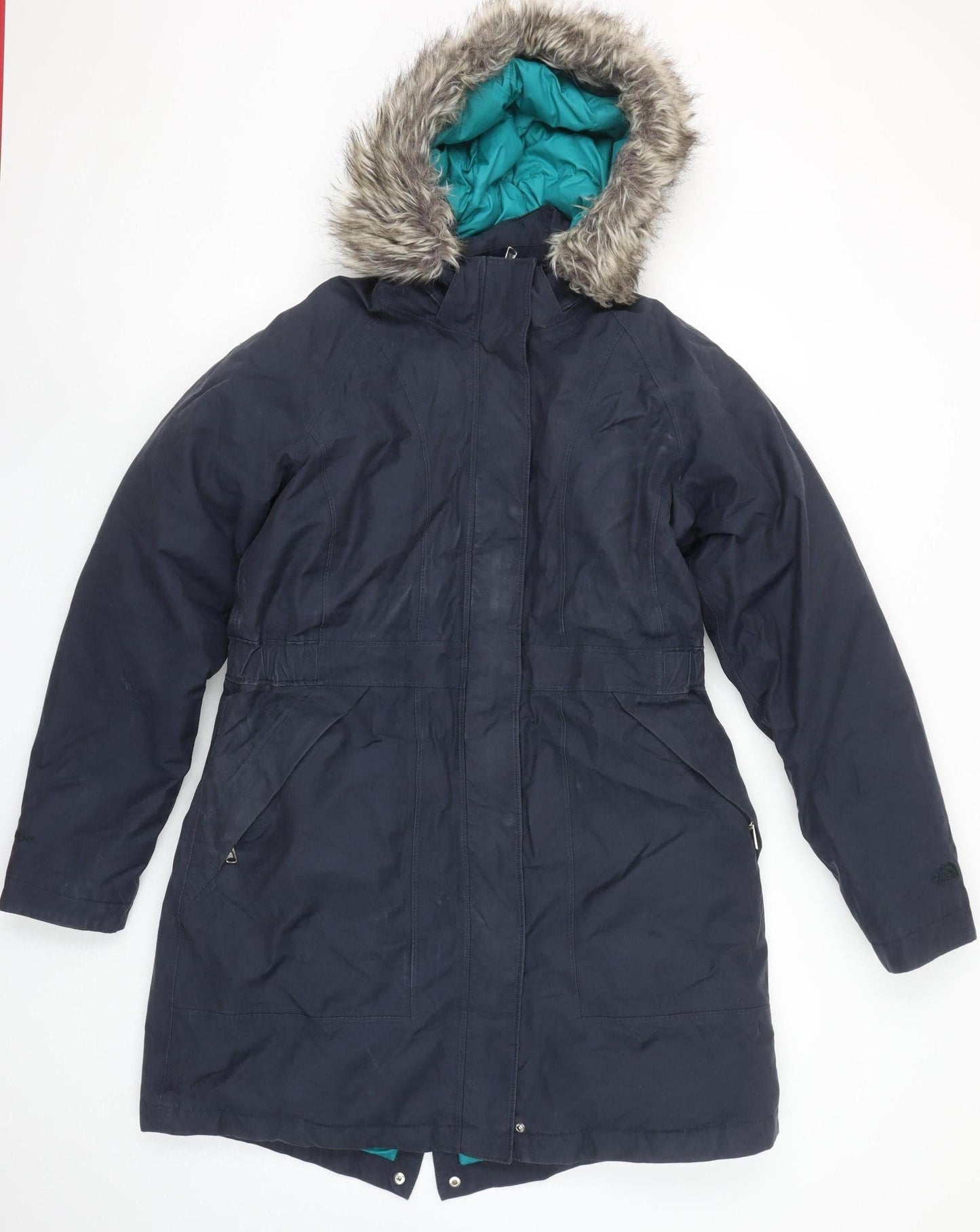 The North Face Women Blue L Parka Coat Faux Fur Hooded Down Insulated