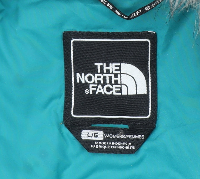 The North Face Women Blue L Parka Coat Faux Fur Hooded Down Insulated