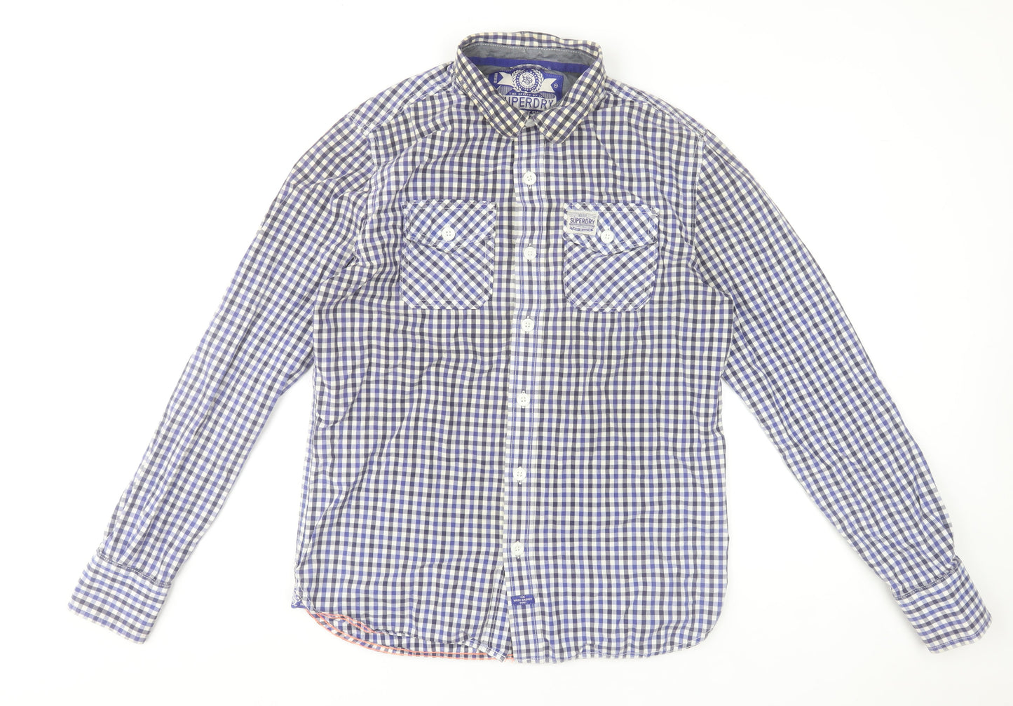 Superdry Men's Blue Check Long Sleeve Cotton Button-Up Shirt Size L