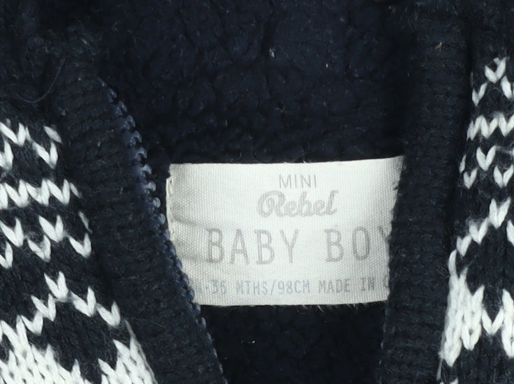 Additional view of Mini Rebel boys’ black fair isle hooded knit jacket 3 years lined winter zip up