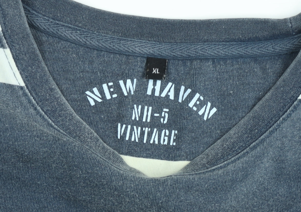 New Haven Men's Blue Striped Vintage Crew Neck Cotton T-Shirt XL