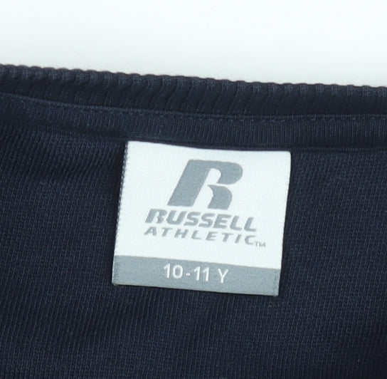 Brand and care label for Russell Athletic boys’ blue 10-11 years pullover sweatshirt