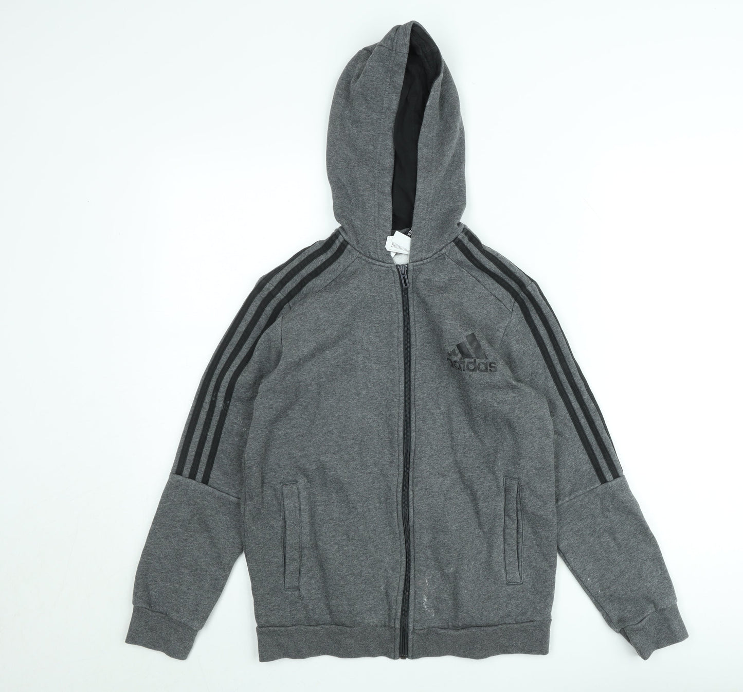 Adidas Teens Grey Full Zip Hoodie Size 164 Fleece Lined Sports Style