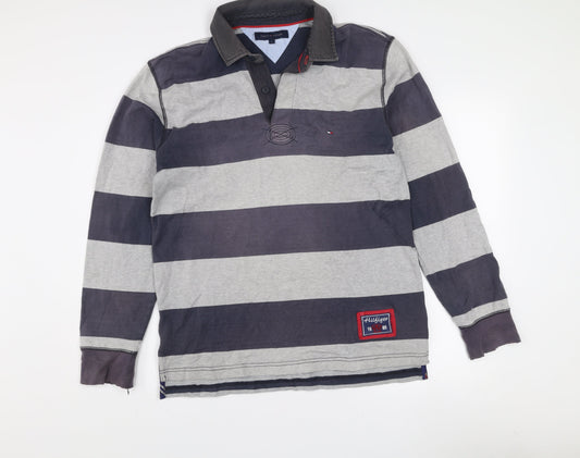 Tommy Hilfiger Men's Grey Striped Long Sleeve Rugby Polo Shirt L