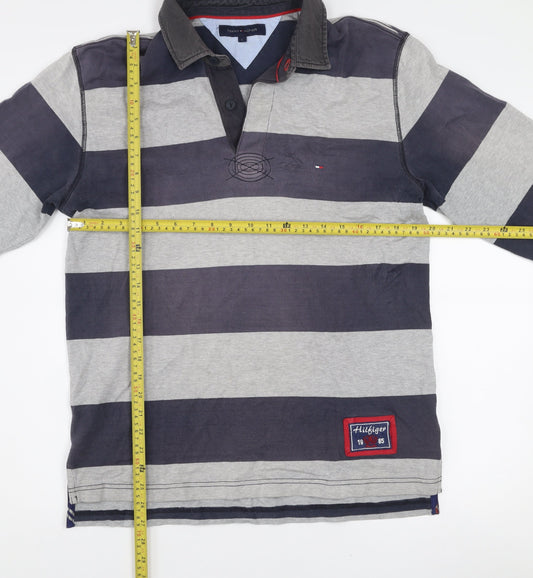 Tommy Hilfiger Men's Grey Striped Long Sleeve Rugby Polo Shirt L