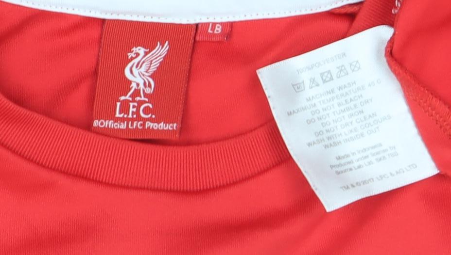Brand and care label for LFC boys’ red short sleeve football training t-shirt, size L