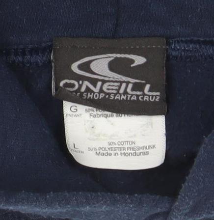Brand and care label for O'Neill boys’ navy blue pullover hoodie, size L, graphic surf sweatshirt