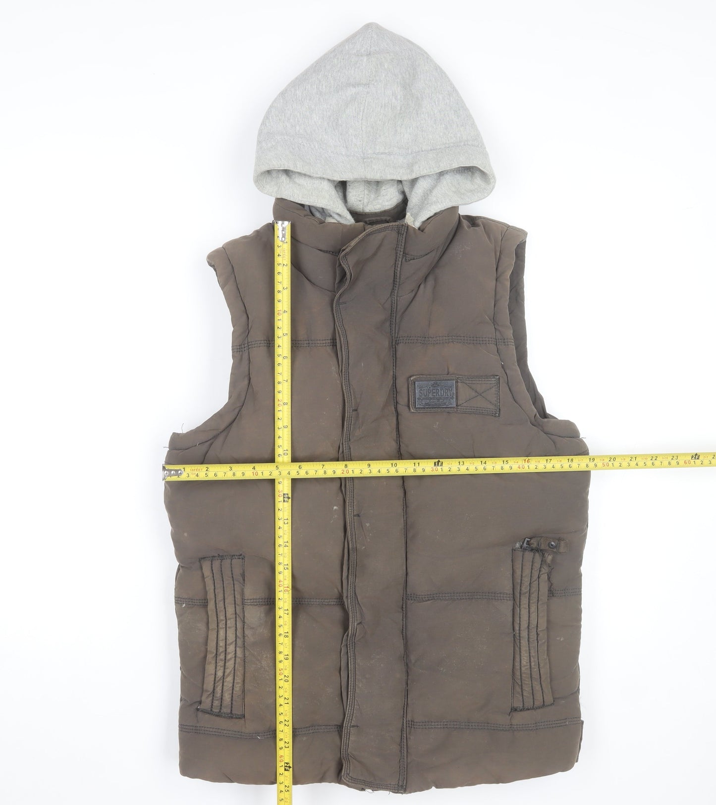 Superdry Mens Brown Small Academy Gilet Hooded Puffer Waistcoat