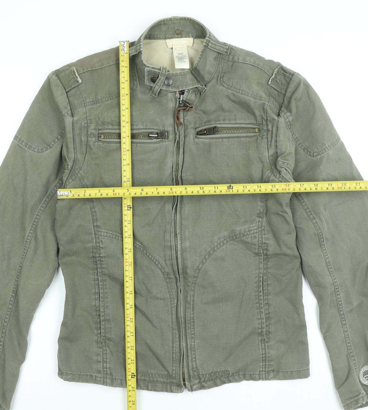 Diesel Womens Green Cotton Biker Jacket L Casual Zip Logo