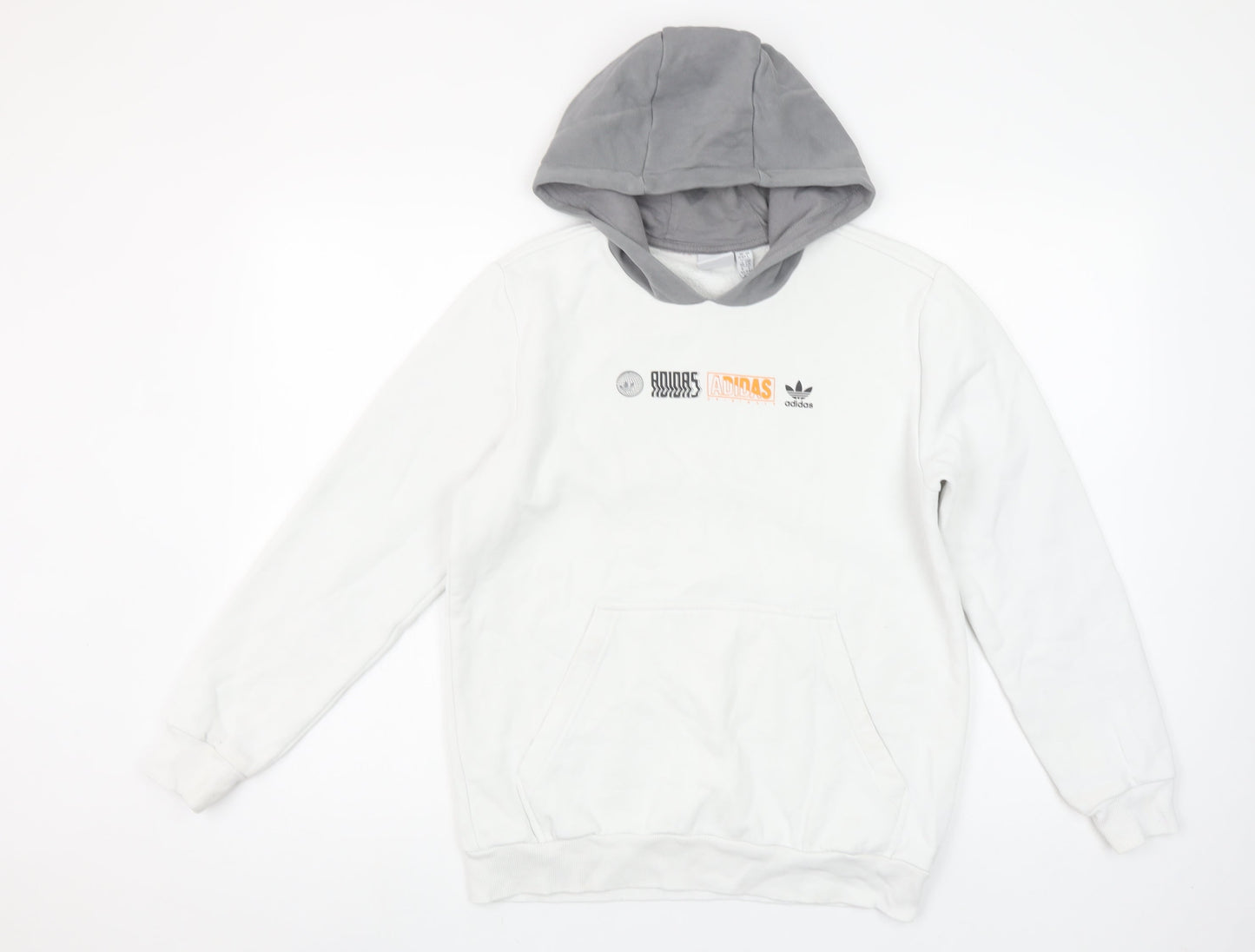 Adidas Boys White & Grey Pullover Hoodie 13-14Y Logo Print Cotton Blend