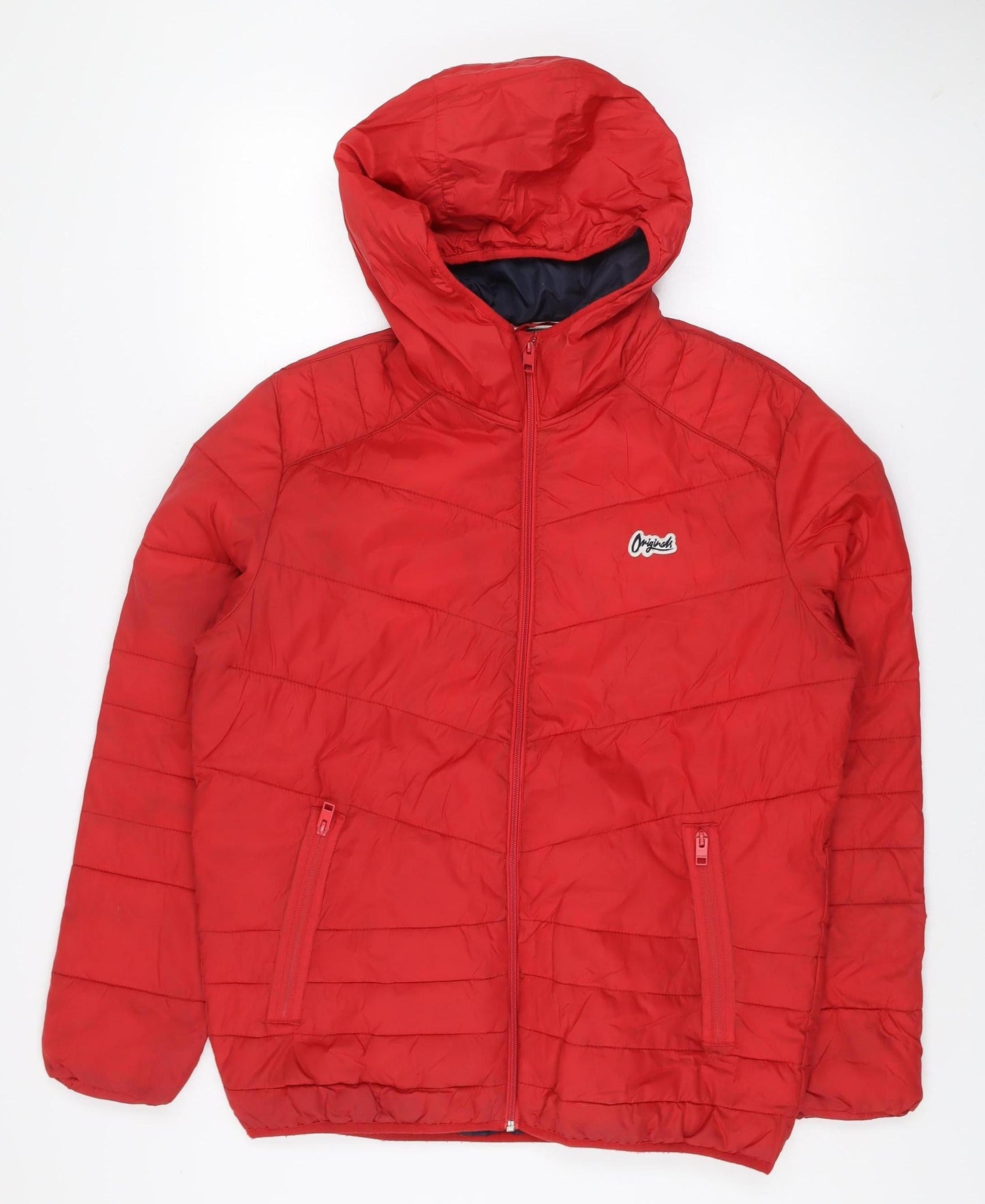 Jack & Jones Mens Red L Puffer Jacket Hooded Lightweight Zip Fasten