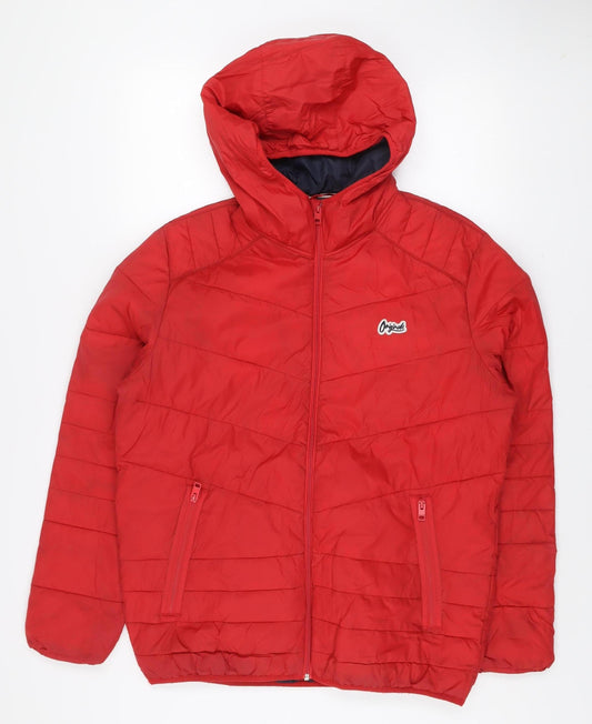 Jack & Jones Mens Red L Puffer Jacket Hooded Lightweight Zip Fasten