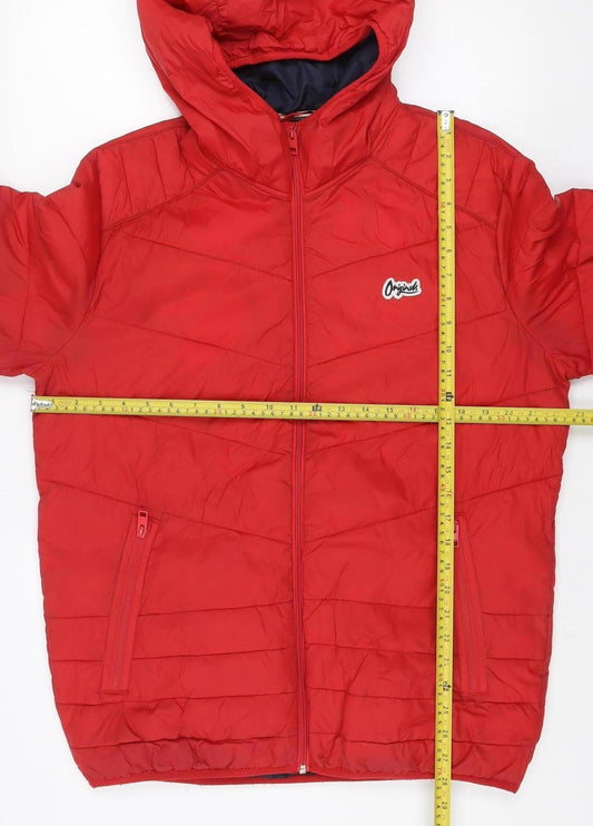 Jack & Jones Mens Red L Puffer Jacket Hooded Lightweight Zip Fasten