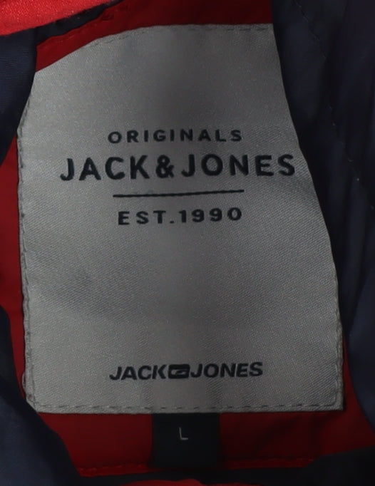 Jack & Jones Mens Red L Puffer Jacket Hooded Lightweight Zip Fasten