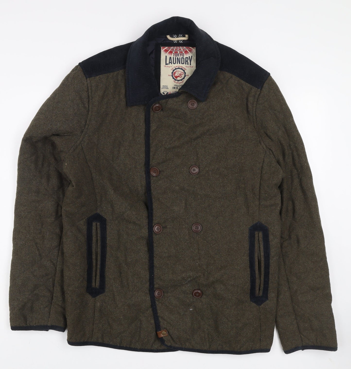 Tokyo Laundry Men's Brown Wool Pea Coat Jacket L Classic Mid-Length