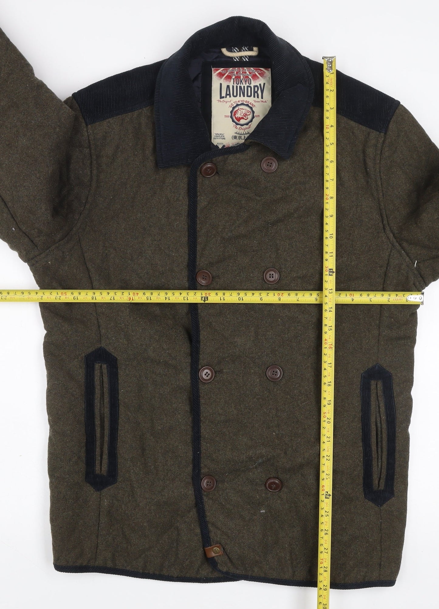 Tokyo Laundry Men's Brown Wool Pea Coat Jacket L Classic Mid-Length