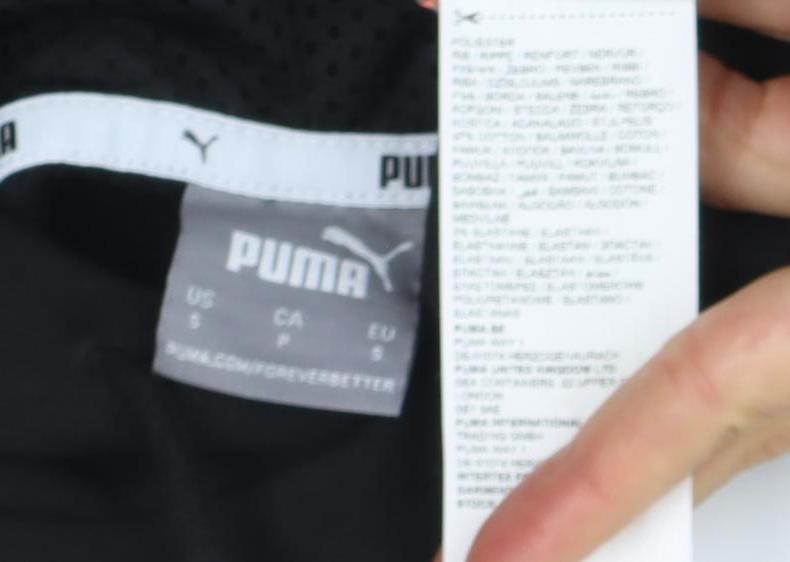 Brand and care label for Puma Men's Black Pullover Hoodie, size S, Logo Sportswear