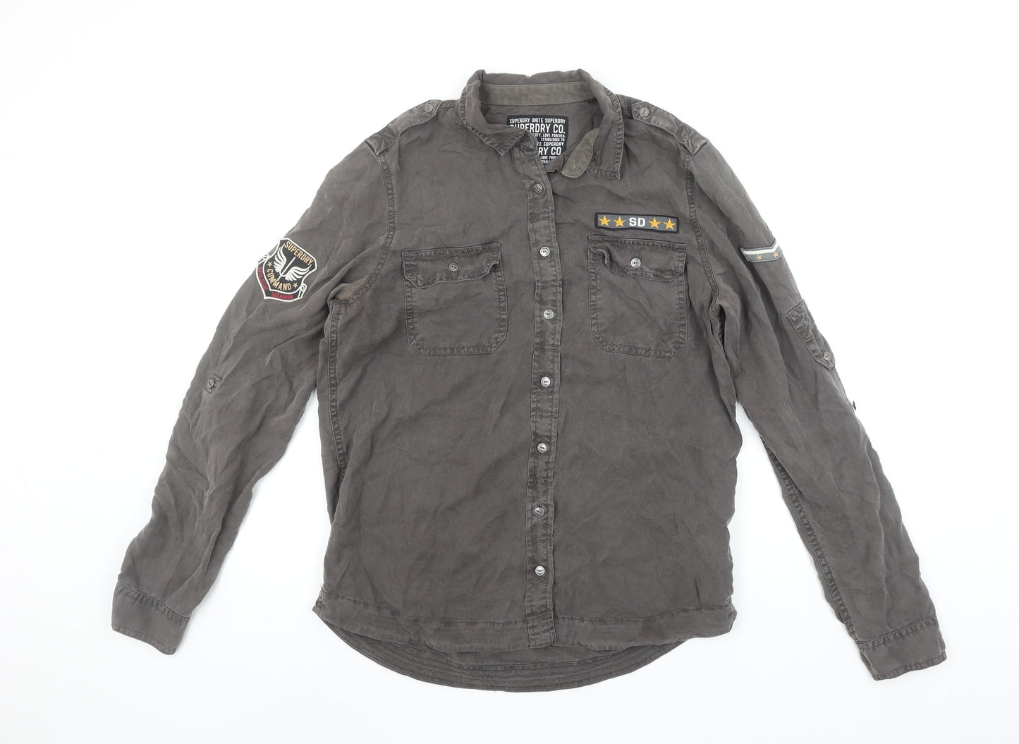 Superdry Women's Grey Military Button-Up Cotton Shirt M