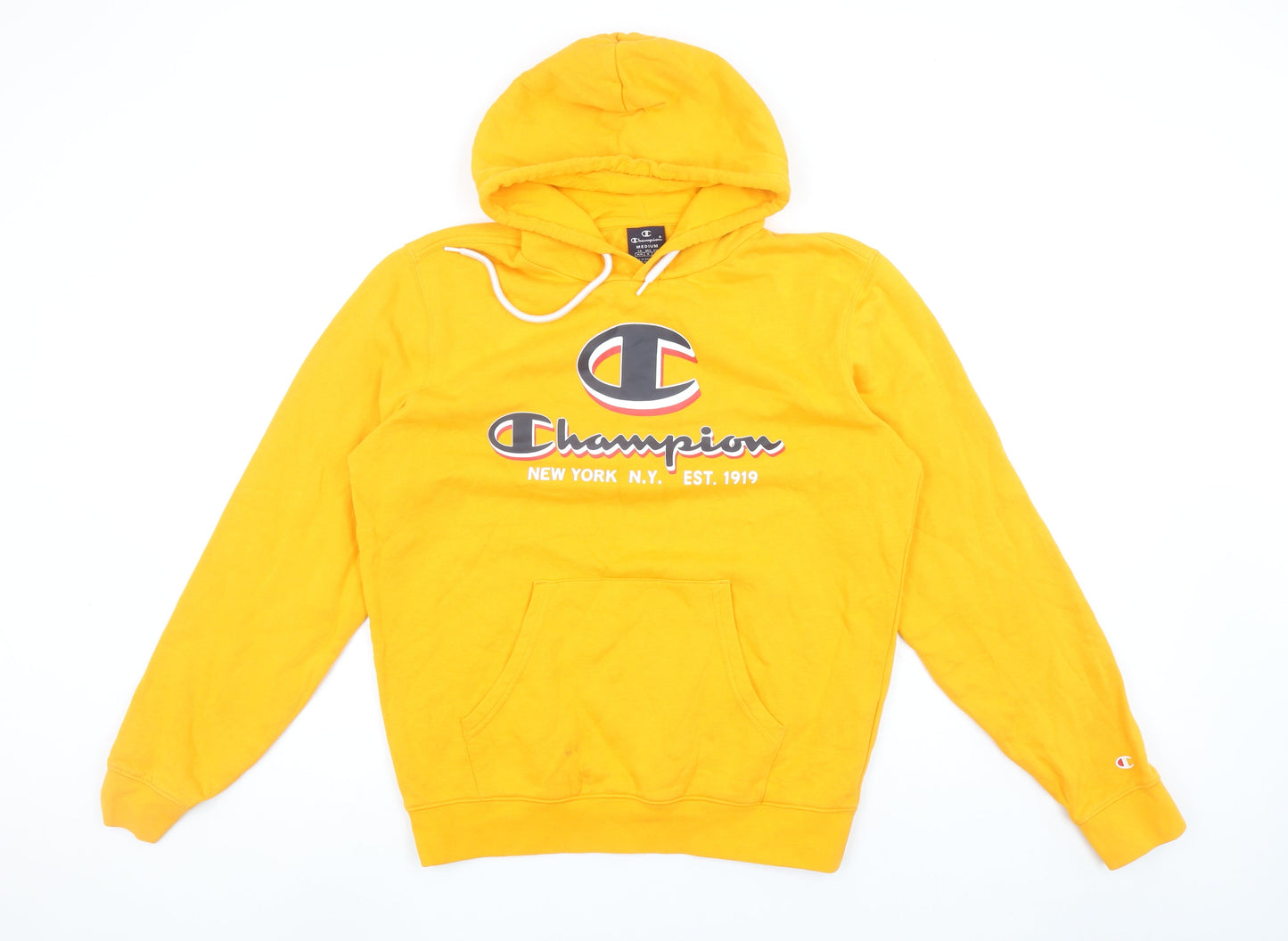 Champion Mens Yellow Pullover Hoodie Medium Logo Graphic Cotton Blend
