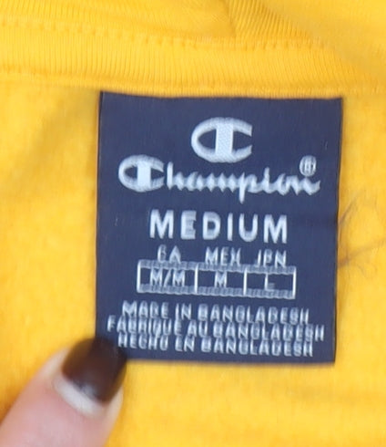 Champion Mens Yellow Pullover Hoodie Medium Logo Graphic Cotton Blend