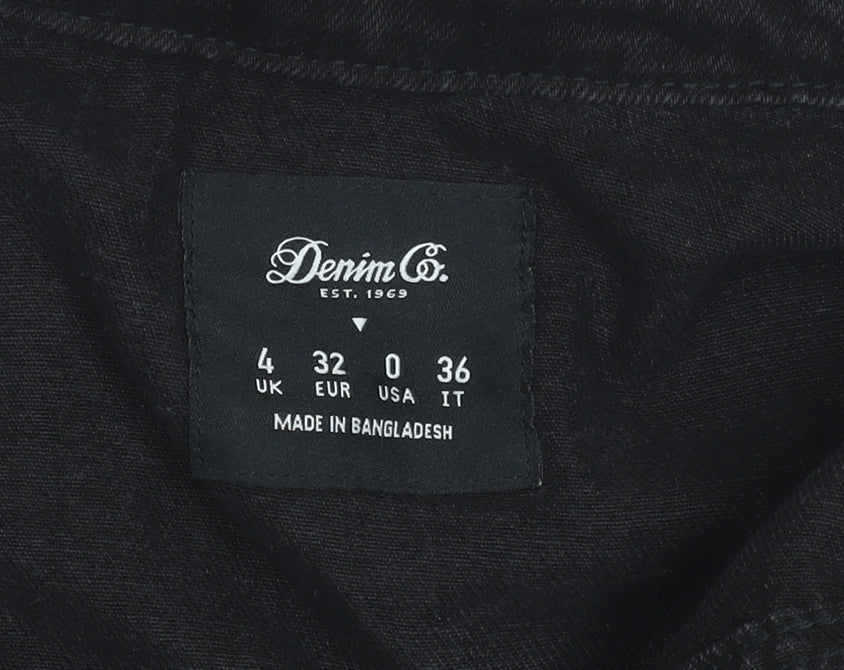 Brand and care label for Denim Co. Women's Black Denim Belted Jumpsuit, size 4, Regular
