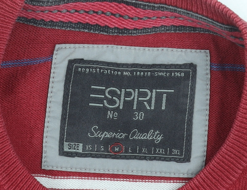Brand and care label for ESPRIT Men's Red Striped Cotton Crew Neck Jumper, size M