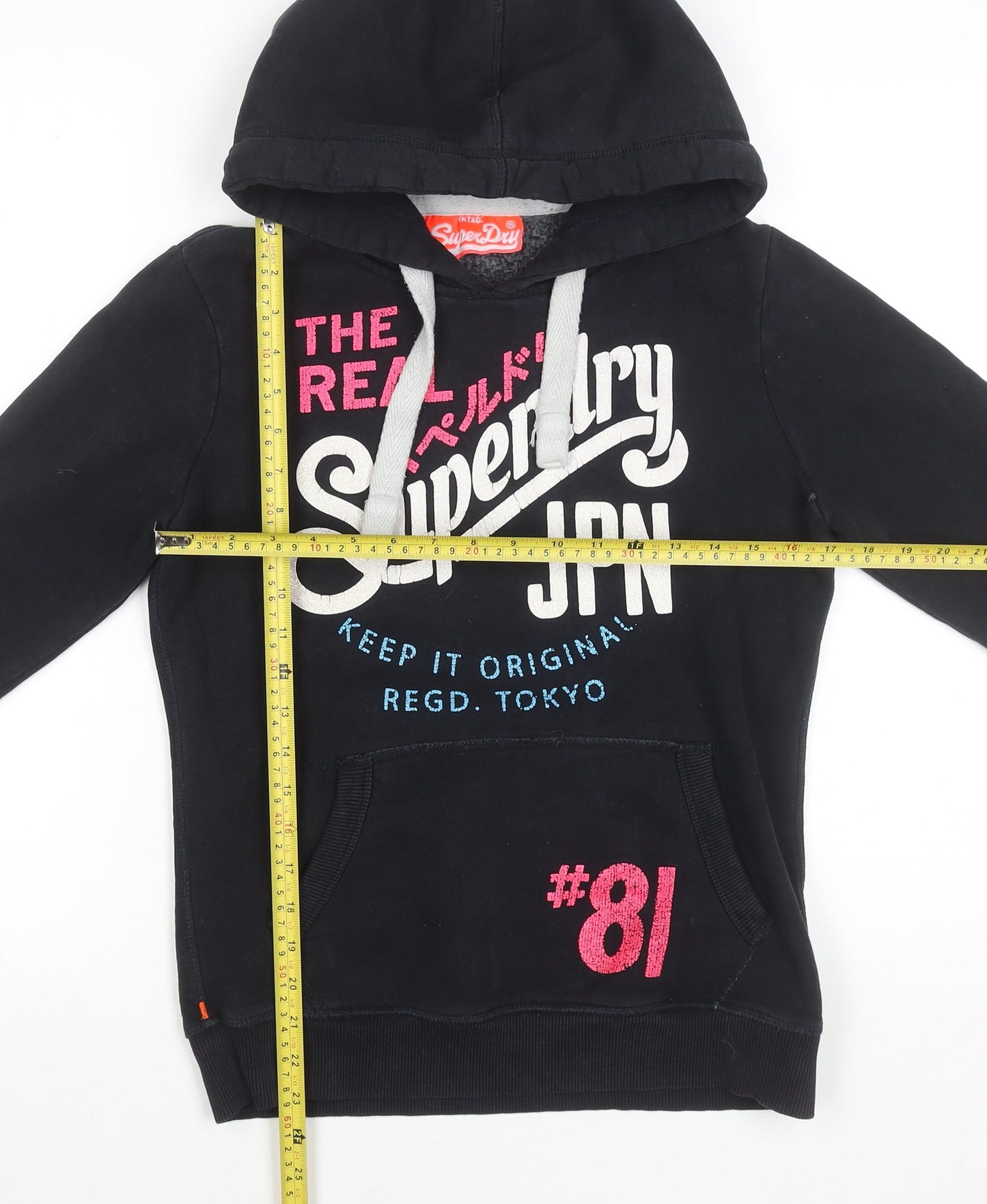 Superdry Women's Black Hoodie Small Pullover Graphic Print Cotton Blend