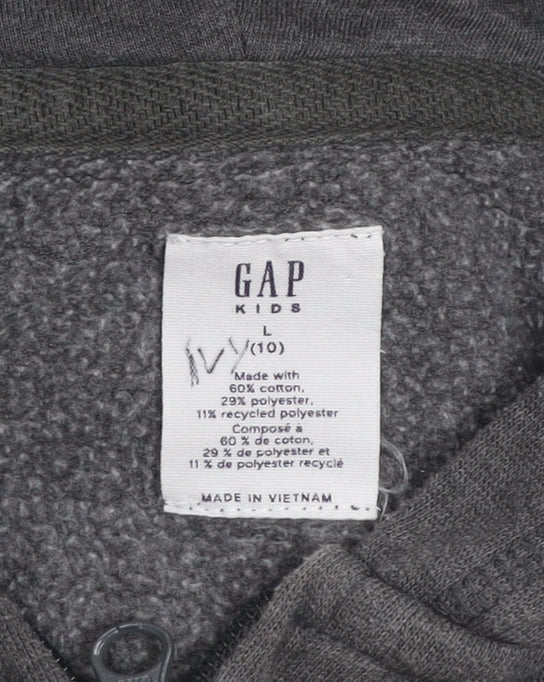Brand and care label for Gap Kids girls’ charcoal full zip hoodie l 10 logo graphic cotton blend