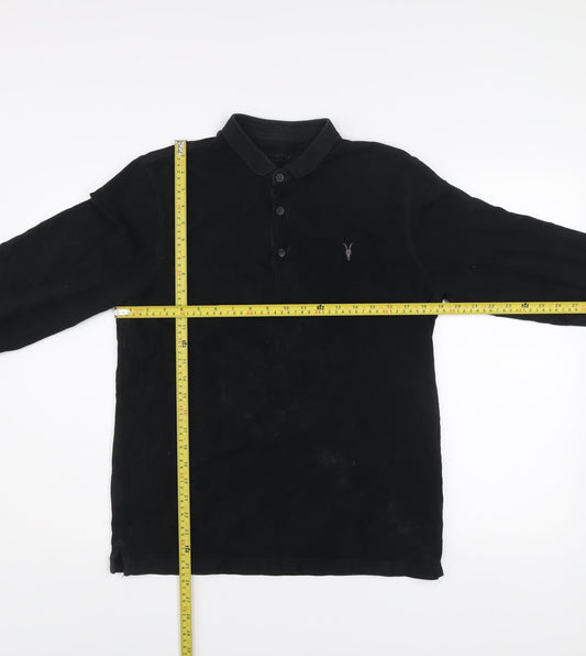 AllSaints Men's Black Long Sleeve Cotton Polo Shirt Size M