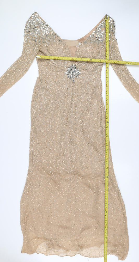 Sherri Hill Women’s Beige Long Sleeve Beaded Silk Mermaid Dress Size 8