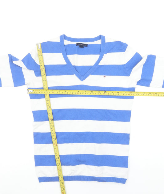Tommy Hilfiger Women's Blue White Striped V-Neck Cotton Jumper Size S