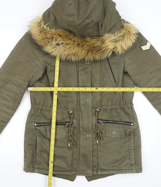 Pimkie Women's Green Fur Trim Hooded Parka Coat Size 10