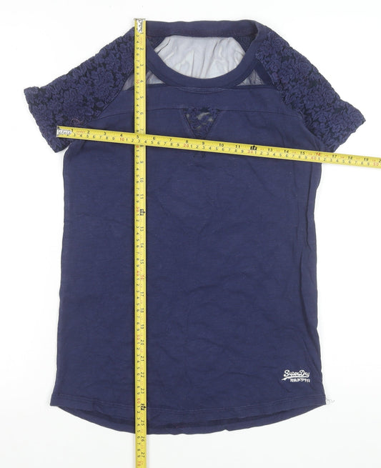 Superdry Womens Blue Lace Sleeve Short Sleeve Jersey T-Shirt Size S