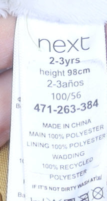 Brand and care label for Next girls’ yellow polka dot hooded puffer jacket 2-3 years polyester