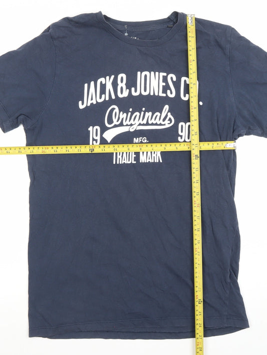 Jack & Jones Mens Blue Originals Graphic Crew Neck Cotton T-Shirt Size M