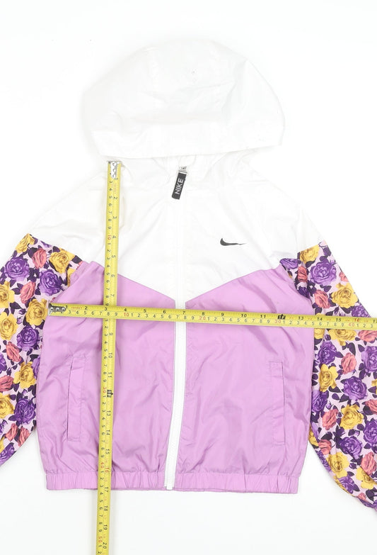 Nike Girls White Pink Floral Windbreaker Jacket Hooded 5-6 Years Polyester