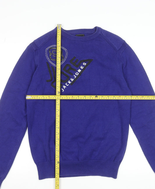 Jack & Jones Men’s Blue Cotton Crew Neck Graphic Jumper Size M