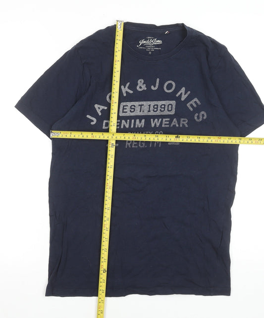 Jack & Jones Men Blue Graphic Crew Neck Cotton T-Shirt Size M