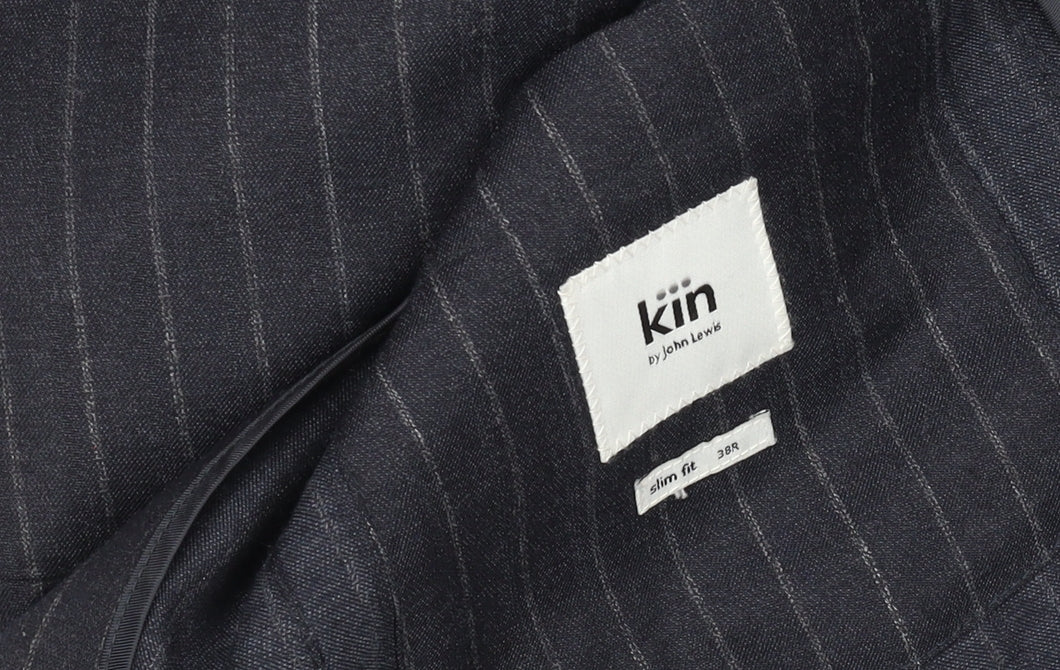 Brand and care label for Kin by John Lewis Men's Blue Pinstripe Slim Fit Blazer 38R