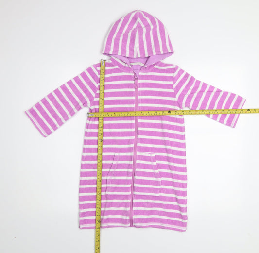 Back view of John Lewis girls’ pink striped hooded zip swim bathrobe age 8 cotton blend