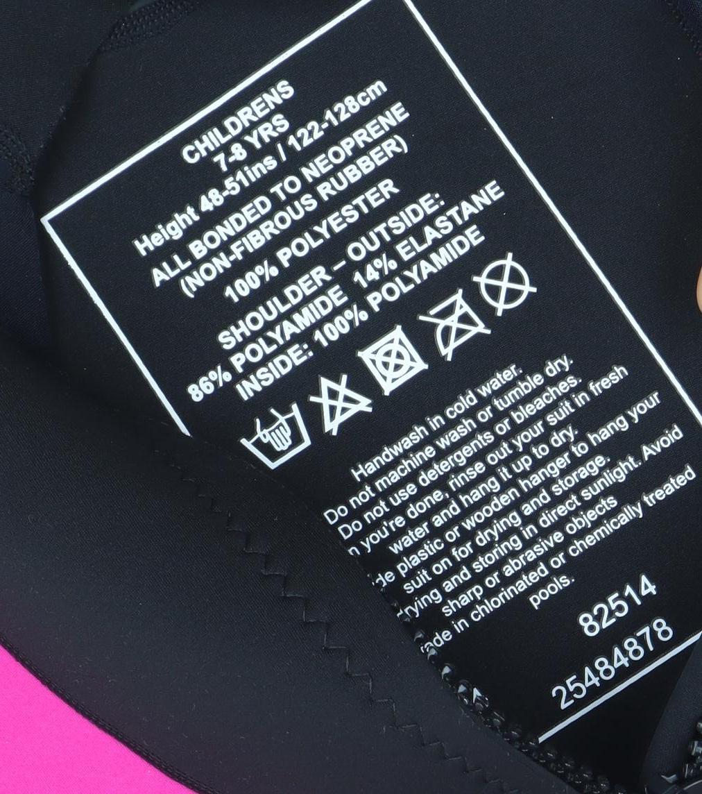 Brand and care label for Waihui girls’ black pink orange shorty wetsuit 7 years quick dry stretch swimwear
