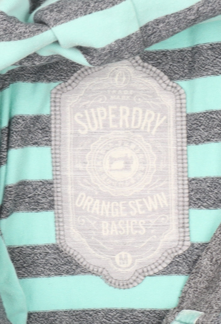 Superdry Women Grey Blue Striped Henley Hoodie Size M Cotton Blend